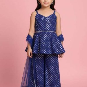 girls blue and purple embroidered georgette kurta set