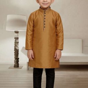 golden button work silk kurta with bottom for boys