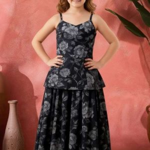 girls black floral print organza fusion set