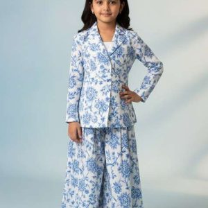girls beige floral print satin georgette fusion set