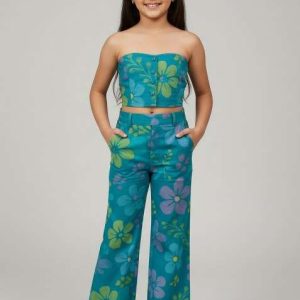 girls teal blue floral print organza fusion set