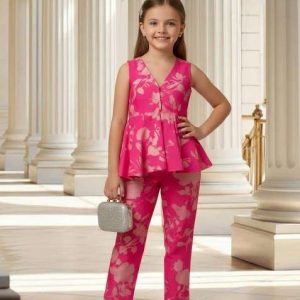 girls pink floral print satin fusion set