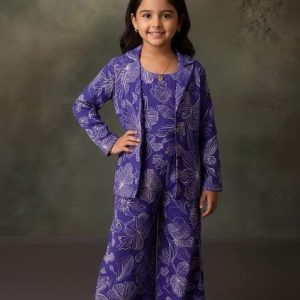 girls royal blue floral print satin georgette fusion set