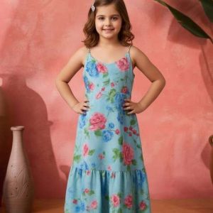 girls light blue floral print organza fusion set