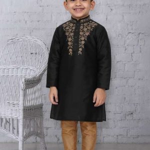 black embroidery silk kurta with bottom for boys