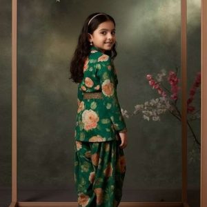 girls dark green floral print satin georgette fusion set