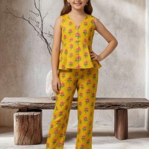 girls yellow floral print satin fusion set