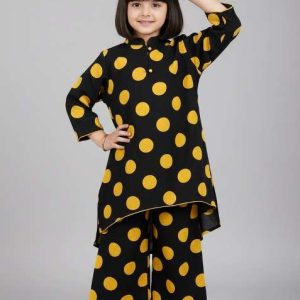 girls black polka dot satin kaftan set