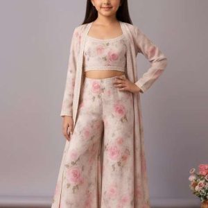 girls pink floral print organza fusion set