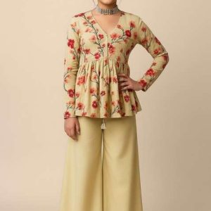girls cream floral print satin fusion set