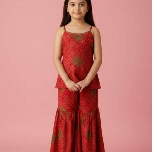 girls green figure print chiffon kurta set