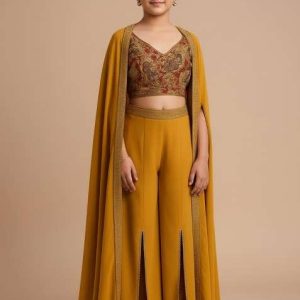 girls yellow embroidered georgette fusion set