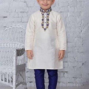 white embroidery silk kurta with bottom for boys