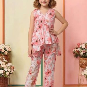 girls light pink floral print satin fusion set