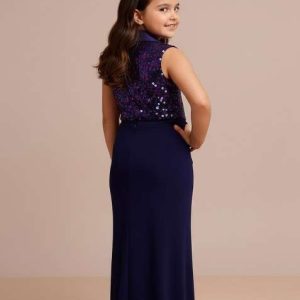 girls dark blue embellished satin fusion set