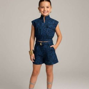 girls blue abstract print cotton denim co ord set