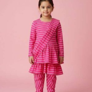 girls pink striped chiffon fusion set