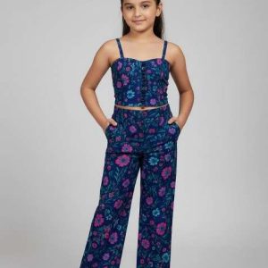 girls blue embroidered georgette fusion set