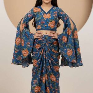 girls blue floral print chiffon fusion set