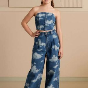 girls blue figure print denim corset blouse co ord set