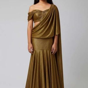 girls green solid knit pre draped saree set