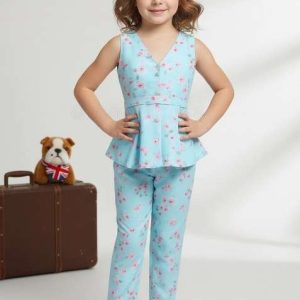 girls pastel blue floral print satin fusion set