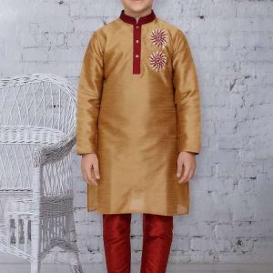 fawn embroidery silk kurta with bottom for boys
