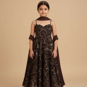 girls purple abstract print georgette anarkali set