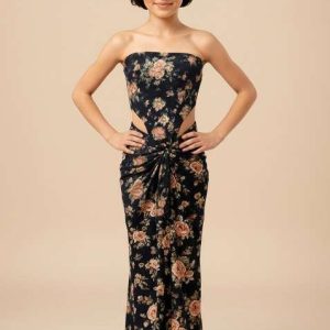 girls navy blue floral print satin corset blouse fusion set