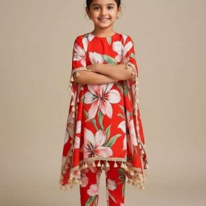 girls red floral print satin kurta set
