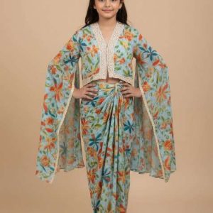 girls pastel blue floral print chiffon fusion set