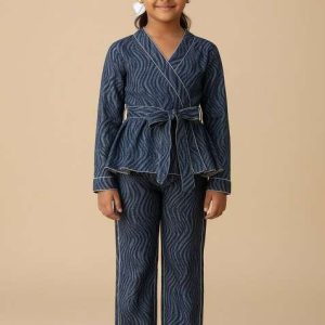 girls blue abstract print denim co ord set