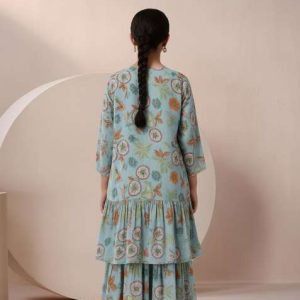 girls pastel blue floral print chinon fusion set
