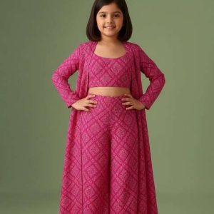 girls fuchsia pink bandhani print chinon fusion set