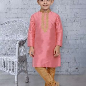 pink embroidery silk kurta with bottom for boys
