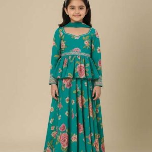 girls teal blue floral print kurta set