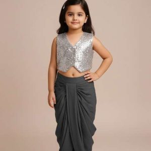 girls grey embellished satin fusion set