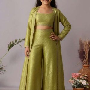 girls green textured organza fusion set