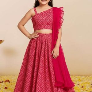 girls pink abstract print georgette lehenga set
