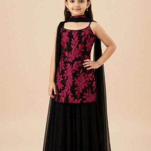 girls black and pink embroidered georgette sharara set