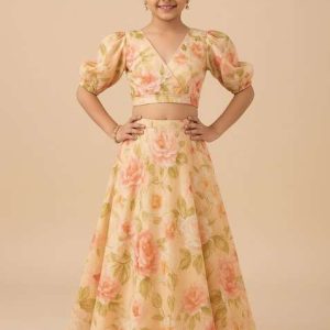 girls yellow floral print rayon lehenga set