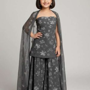 girls black floral print georgette sharara set