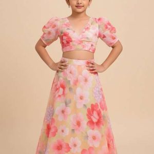 girls pink floral print satin lehenga set