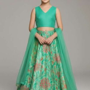 girls pista green floral print satin lehenga set