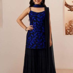 girls black and blue embroidered georgette sharara set