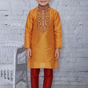 orange embroidery silk kurta with bottom for boys