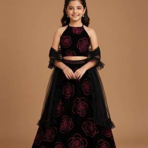 girls black embroidered organza lehenga set