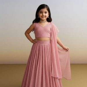 girls pastel pink sequin georgette lehenga set