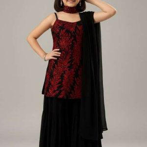 girls black and red embroidered georgette sharara set