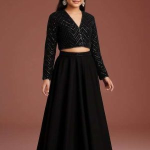 girls black embroidered georgette lehenga set